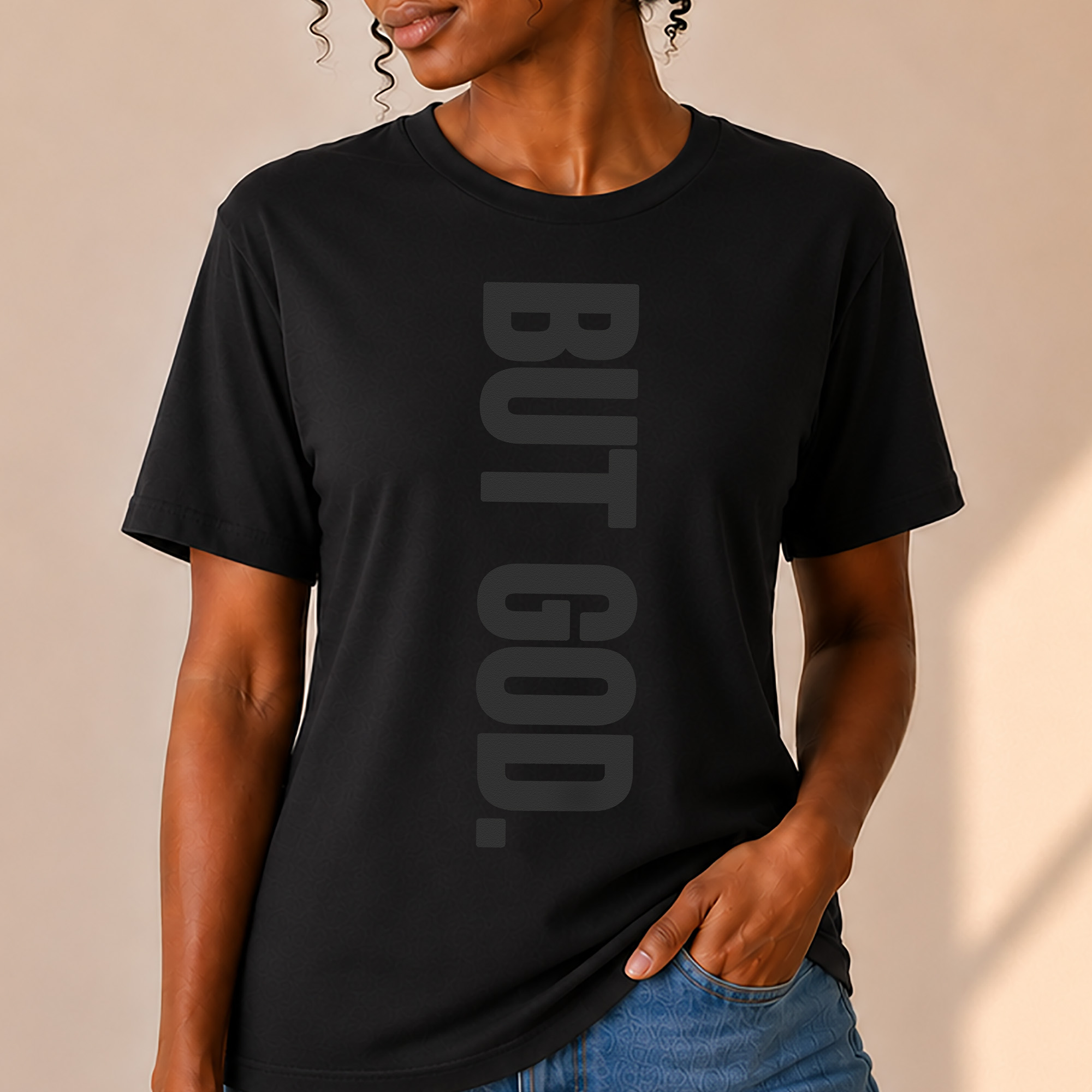 WEBSITE T SHIRT FULL POSE BLACK BUT GOD