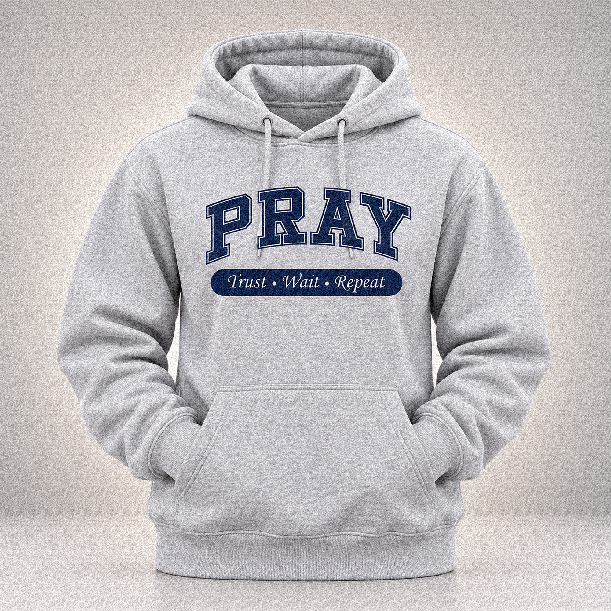 WEBSITE HOODIE PRAY TRUST REPEAT GREY-NAVY FRONT POUCH