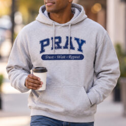 Pray – Trust, Wait, Repeat Unisex Pullover Hoodie – Sports Grey & Navy